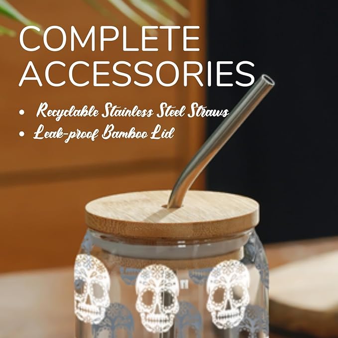 Onebttl Sugar Skull Gifts, Day of the Dead Gifts, Iced Color Changing 16oz Soda Can Glass with Bamboo Lid and Glass Straw, 16oz Skull Printed Beer Can Glasses