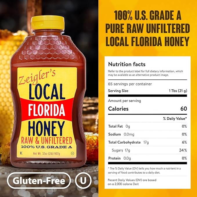 Zeigler's Florida Local Honey, 32 Oz – 100% Pure, Raw & Unfiltered Honey – All-Natural, Packed with Nutrients – Great with Tea, Yogurt, Cottage Cheese, Sandwiches, Smoothies
