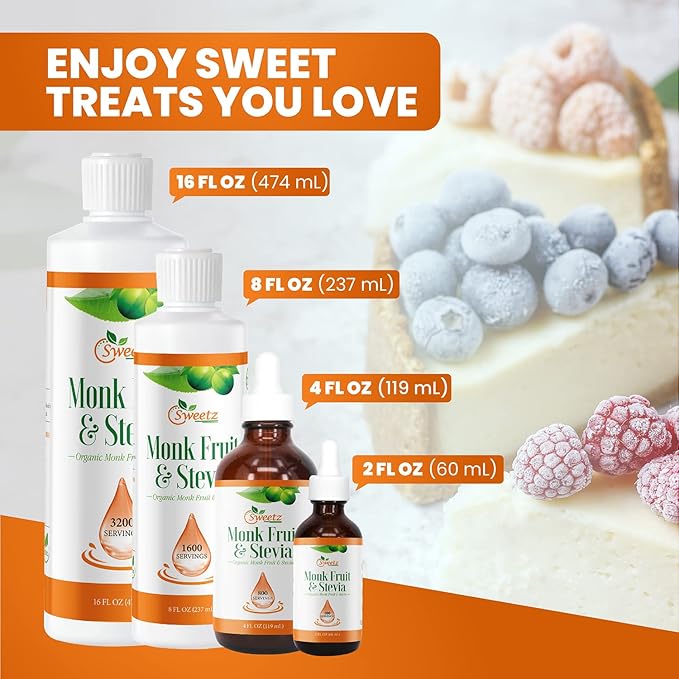 Monk Fruit & Stevia Liquid Sweetener Drops - Natural Sweeteners & Sugar Alternatives - Delicious Blend with No Bitter Aftertaste - Concentrated Sweetener Liquid Drops Extract – 2 FL OZ Glass Bottle (400 Servings)