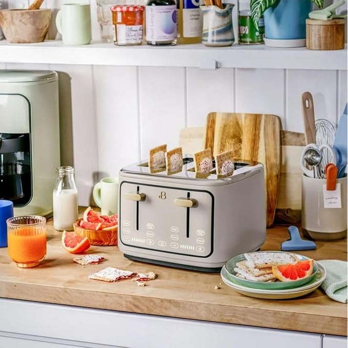Beautiful 4 Slices Toaster - 7 Shade Settings, Touch Display, Extra-Wide Slots for Bagels, Gluten-Free & Frozen Presets, LED Countdown, Removable Crumb Tray, 1800-watt toasting (Porcini Taupe)