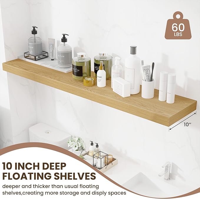 Fun Memories 48 Inch Floating Shelves for Wall - 10 Inch Deep Fireplace Mantel Shelf - Wood Floating Shelves for Wall - Large Storage Shelf Wall Mount for Living Room & Bedroom - Oak - Set of 1