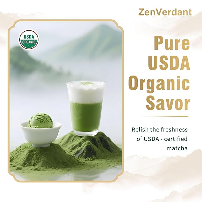 ZenVerdant USDA Organic Matcha, 16oz | Dragon Well Infused | Resealable Pouch | For Lattes, Baking & Daily Drinking