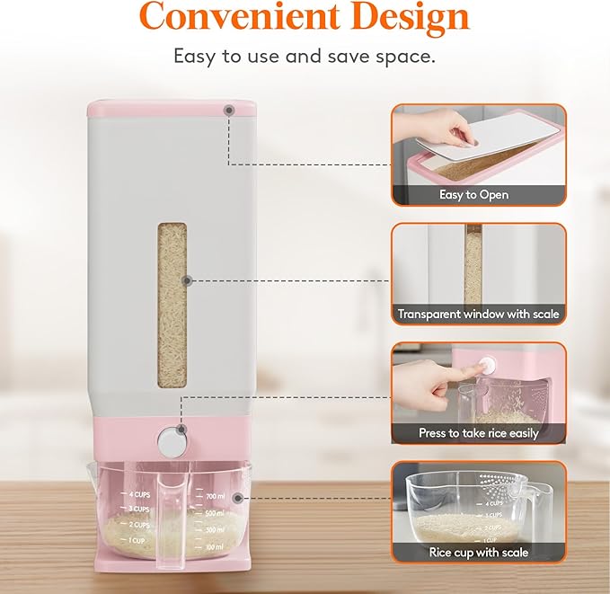 Lifewit Rice Dispenser 25 Lbs(11.3kg), Rice Storage Container Sealed Moisture Proof with Measuring Cup for Kitchen Pantry Household, BPA-Free, Pink