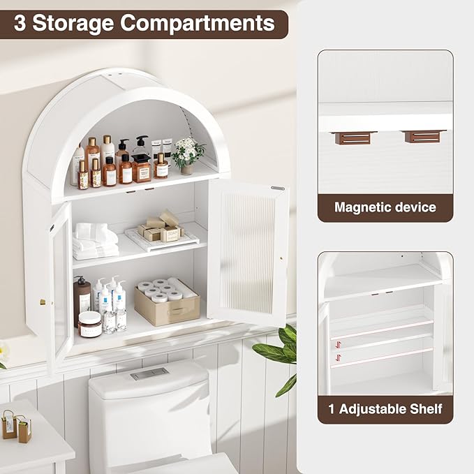 Arched Bathroom Cabinet, Wall Mounted Bathroom Cabinet with Tempered Glass Doors and Adjustable Shelf, for Kitchen, Living Room, Laundry Room, Restroom, White