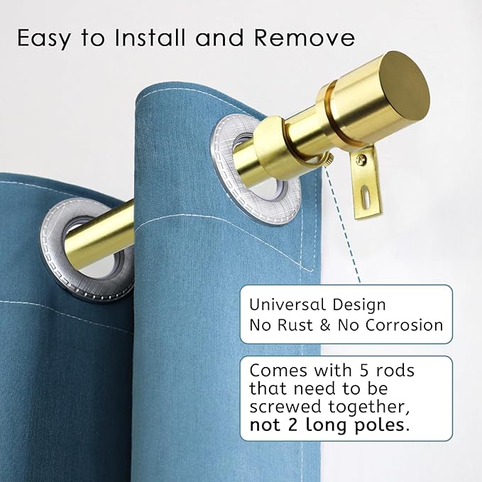 Curtain Rods for Windows 16 to 88 Inches Adjustable Length 1 Inch Diameter Window Curtain Rod with Aluminium Finials, Gold