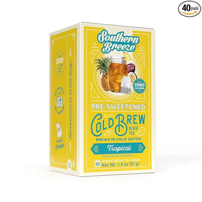 Southern Breeze Cold Brew Sweet Tea Tropical Iced Tea with Black Tea and Zero Carbs Zero Sugar, 20 Individually Wrapped Tea Bags