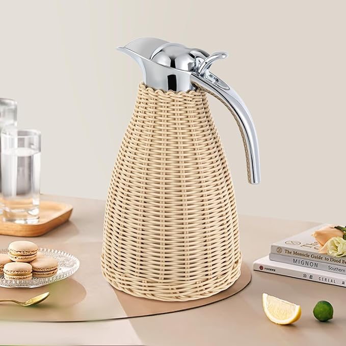 Stainless Steel Coffee Thermal Carafe, 50 Oz/1.5 L Woven Rattan Insulated Coffee Carafe Double Walled Vacuum Insualted 20 Hour Heat Cold Retention (White)