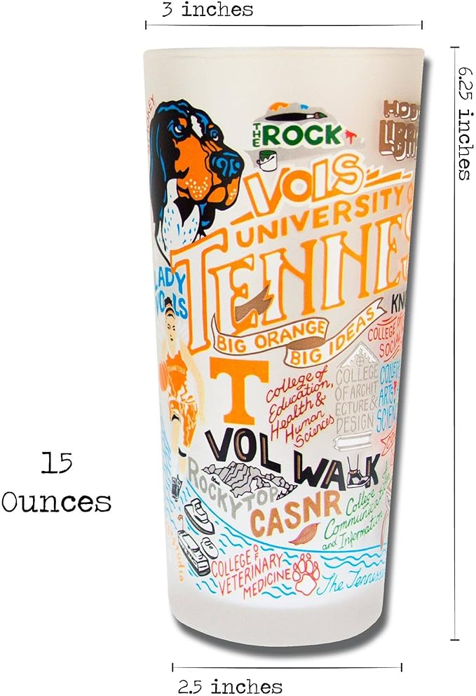 Catstudio Drinking Glass, University of Tennessee Glass Cup for Kitchen, 15oz Dishwasher Safe Tumbler for UT Alumni