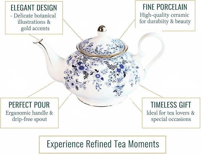 22oz Floral Ceramic Teapot (Suitable for 1 to 3 people) – Vintage Gold Rim Porcelain Tea Pot for Loose Leaf, Blooming Tea & Coffee, Elegant Teapot for Tea Party, Flower Design (China Flower)