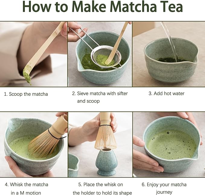 Matcha Kit Set, Matcha Whisk Set Includes Matcha Bowl And Holder, Bamboo Matcha Whisk, Scoop and Matcha Sifter, 17 oz Mottled Blue Glaze Ceramic Matcha Kit for Tea Lovers