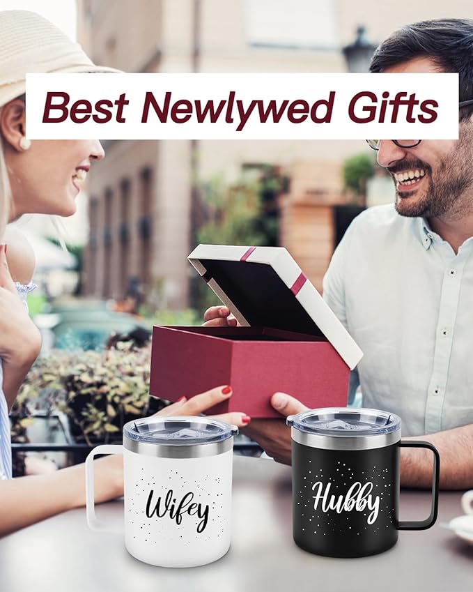 Husband and Wife Gifts, Mr & Mrs Coffee Mugs Set, Hubby and Wifey Gifts, Newlywed Gif 14oz Stainless Steel Insulated Mug(Black White)