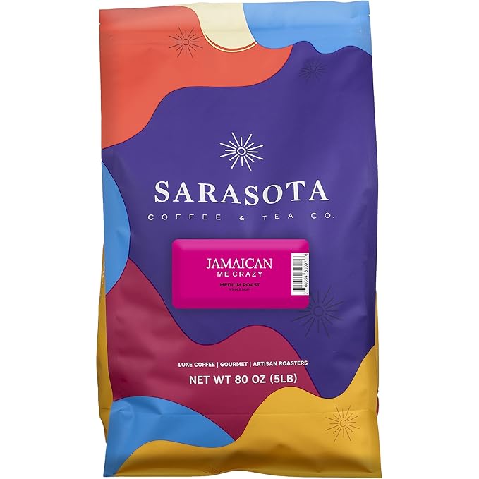 Sarasota Coffee Whole Bean Jamaican Me Crazy | Medium Roast Gourmet Flavored Coffee Beans | Low Acid, Mold Free, Specialty Grade Bulk Beans | 5lb (80 oz)