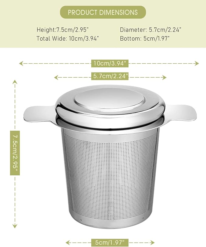 LHS Loose Leaf Tea Infuser, Tea Filter, Stainless Steel Infuser Basket, Extra Fine Mesh Tea Strainer for Loose Tea, Perfect Size Double Handles, Tea Infuser with Lid Fits Most Tea Pots, Mugs, Cups