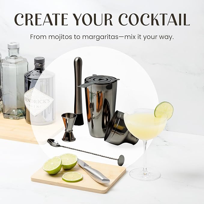 Mixology & Craft Cocktail Shaker Set: 10-Piece Bartender Kit with Stand | Complete at Home Bar Set with Bar Accessories | Great Housewarming Gift | Leak-Proof Design (Gun-Metal)