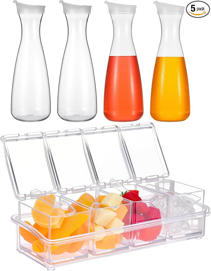 Honeydak 5 Pcs Mimosa Bar Supplies Include 4 Pcs 47 oz Plastic Carafe with Lids Clear Round Juice Pitcher Containers 1 Seasoning Box with Lid and Spoon for Christmas Party Serving Storage (Clear)