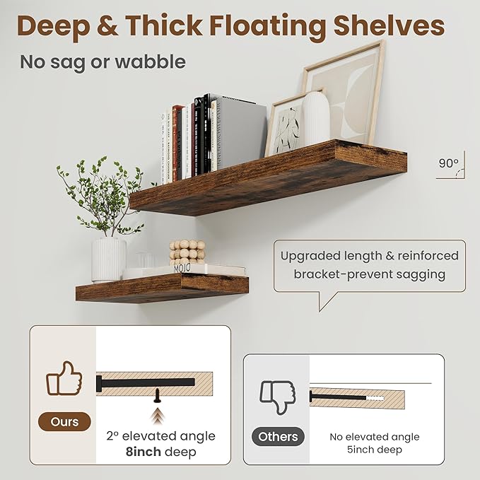 40 Inch Floating Shelves for Wall, 8 Inch Deep Floating Shelf for Storage & Display, Wall Mounted Shelf with Invisible Brackets for Living Room, Kitchen, Bathroom, Home Decor, Set of 2, Rustic Brown