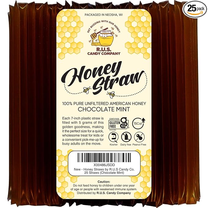 25 Pack Honey Sticks For Tea, Snacking, Honey Packets Single Serve Stir Sticks, Natural Flavor by R.U.S Candy Company- Honey Straws (Chocolate Mint)