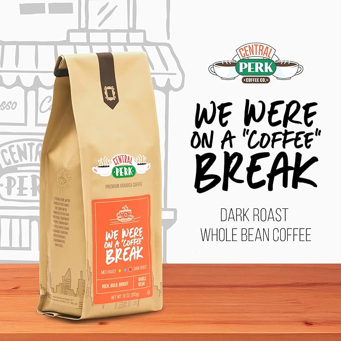 Central Perk Dark Roast Whole Bean "We Were On A Coffee Break" Blend - 100% Arabica Coffee with Nutty, Smoky, Dark Chocolate & Caramel Flavors, 10oz Bag