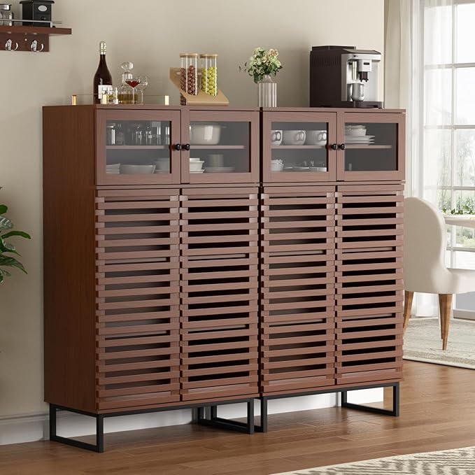 Vabches Buffet Cabinet with Storage, 51" Tall Mid Century Modern Sideboard Coffee Bar Cabinet with Grille Doors & Adjustable Shelves for Kitchen, Dining Room, Living Room, Walnut