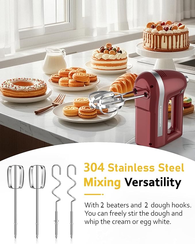 Electric Hand Mixer, Powerful 300W Hand Mixer Electric Handheld with 304 Beaters, Dough Hook, Hand Held Mixer with Turbo for Baking Cakes, Eggs, Cream Food(Red)