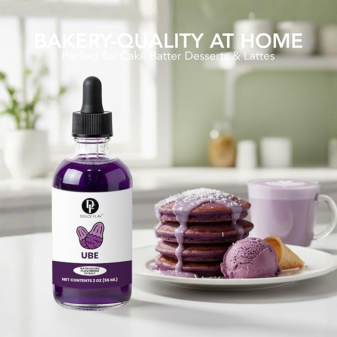 Dolce Flav Purple Ube Extract – 2 Ounce Water-Soluble Kosher, Sugar-Free, Concentrated Sweet Ube Flavoring for Baking, Ice Cream & Pastries, Includes Measured Dropper