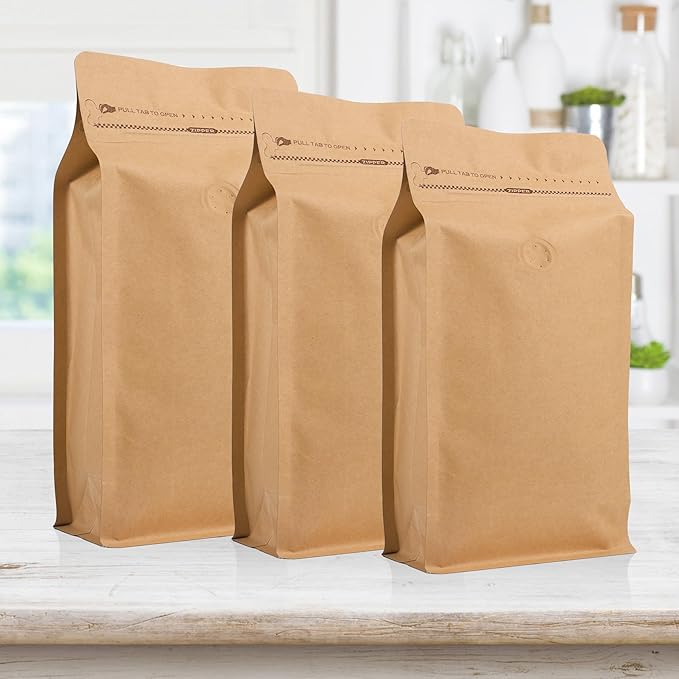 50 PCS Upgraded Coffee Bags with Valve (Kraft Paper, 32 oz/2 lb), Black High Barrier Aluminum Foil Flat Bottom Standing Coffee Bean Storage Bags, Heat Sealable Resealable Bag for Home.