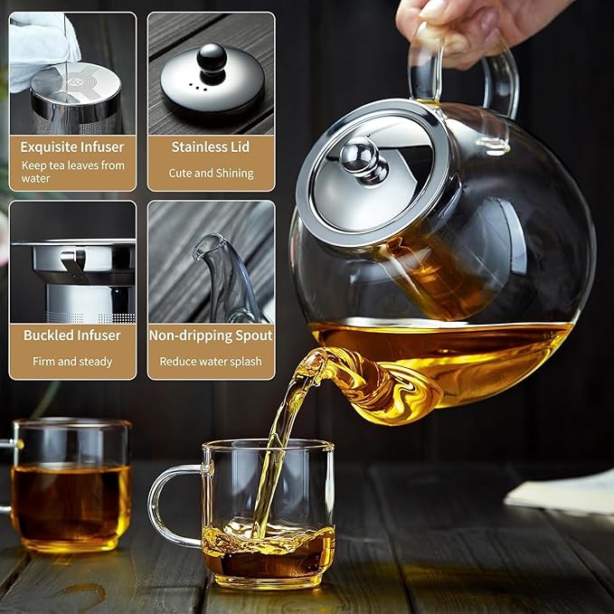 24 Pack 40OZ (1200ML) Glass Teapot with Infuser Stovetop Safe, Clear Glass Tea Pot Kettle, Borosilicate Tea Pot with Infusers Filter for Loose Tea, Tea Kettle Dishwasher Safe