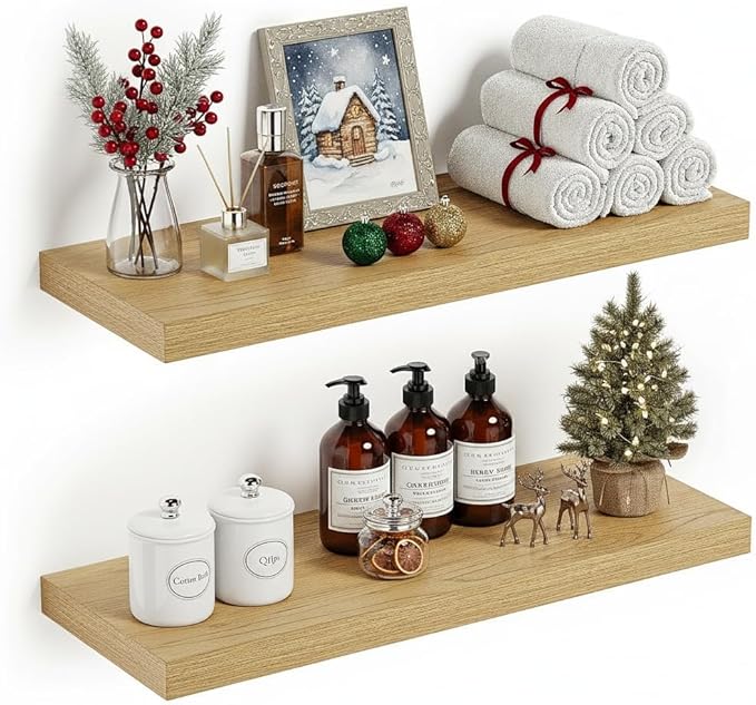 Vivelove Oak Floating Shelves 24 inchs Long, 9.1” Deep Bathroom Shelves Wall Mounted for Bedroom, Living Room, Kitchen, Office, Rustic Home Decor, Wall Shelves with Invisible Brackets, Set of 2