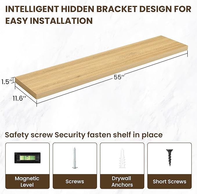 55 Inch Floating Shelves, 12 Inch Deep Floating Shelves for Wall, Floating Shelf with Invisible Brackets, Deep Shelves for Bathroom, Bedroom, Living Room, 1 Pack, Natural
