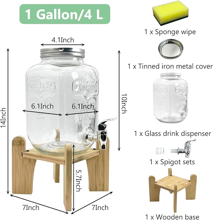 Tfwadmx 1 Gallon Drink Dispenser for Parties, Beverage Dispenser With Wood Stand Lemonade Dispenser Iced Tea Pitcher Party Beverage Dispenser for Lemonade, Juice, Punch, Water, Outdoor, Daily Use