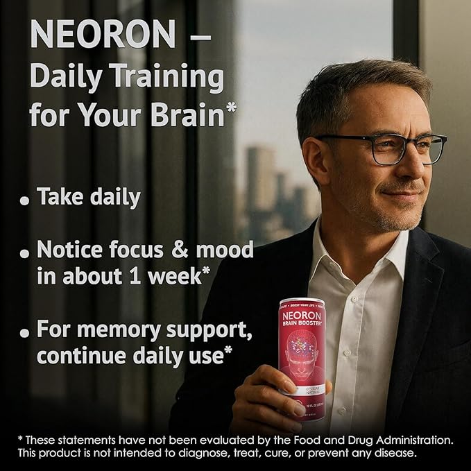 NEORON - Brain Defender, Focus & Memory Support, Sugar‐Free Nootropic Drink, Vegan (Pack of 12, Ginger Kick, Orange & Grapefruit)