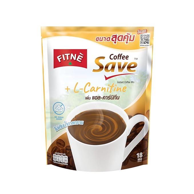 FITNE Instant 3 in 1 Coffee Packets Mix with L-Carnitine for Workout Exercise Vitamin B1 B2 B6 Smooth Blend No Sugar Sucralose Sweetener, 18 Sachets