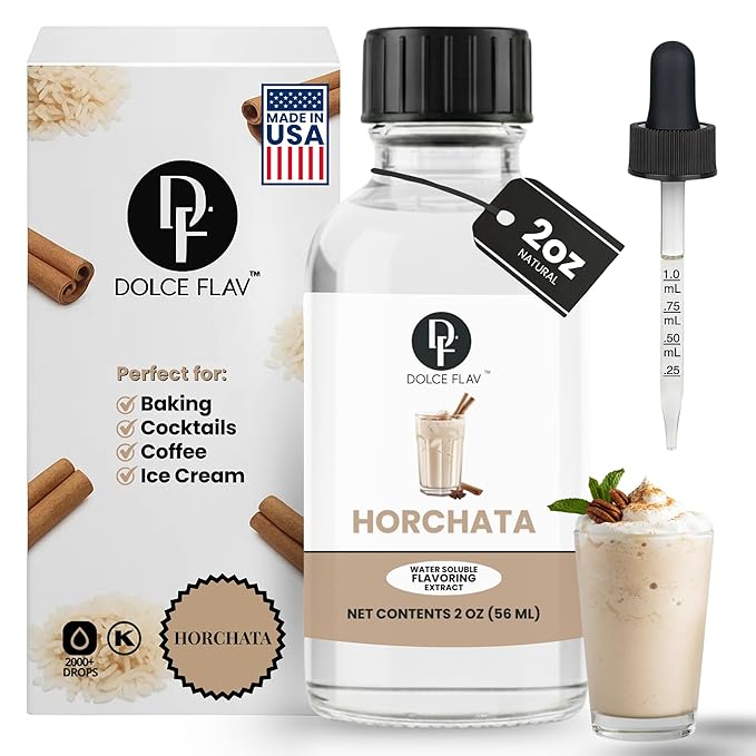 Dolce Flav Natural Horchata Extract, Water Soluble – 2 oz | Authentic Cinnamon Rice Flavoring for Baking, Desserts, Beverages & Syrups – Sugar Free, Kosher, Allergen Free