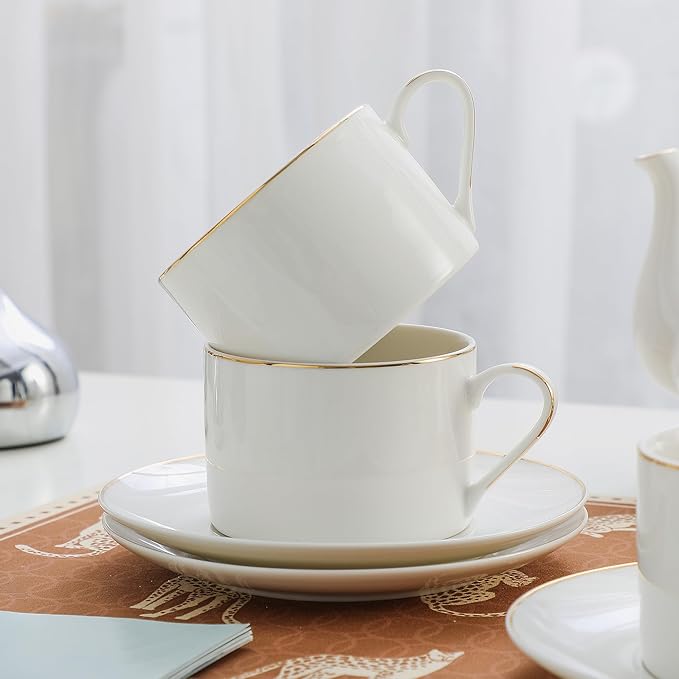 Classic White Porcelain 6.6oz Tea Cup and Saucer Set - 8 pieces cups and Saucers Set with gold trim, Elegant and Versatile for Daily Use, Gift