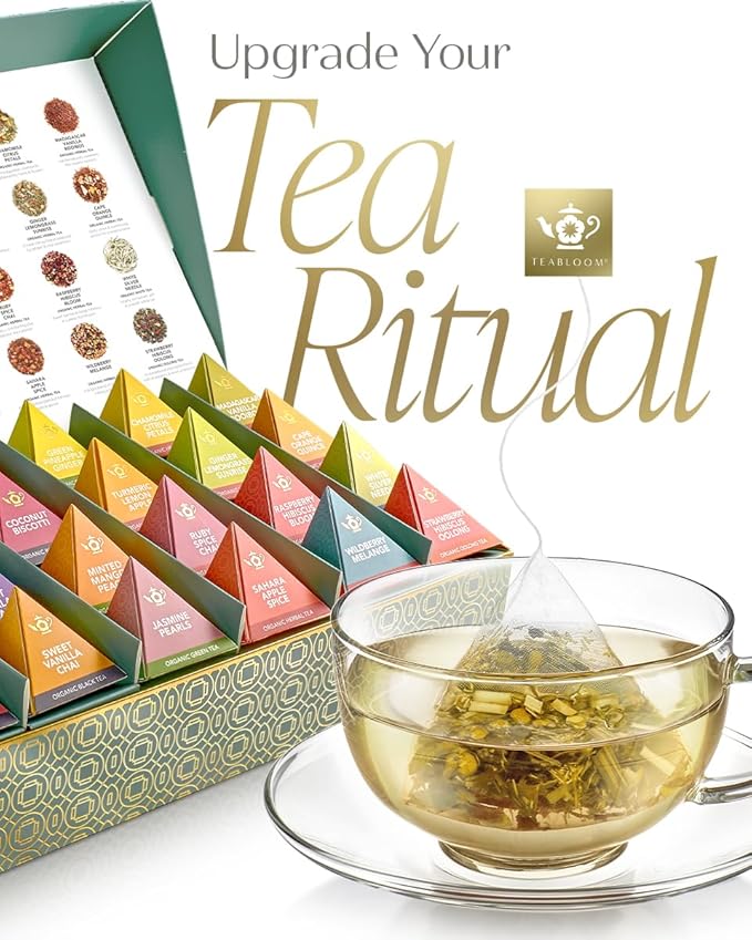 Teabloom Himalaya Chai Gift Set – Organic Chai Tea Sampler with 12 Plant-Based Pyramid Sachets, Elegant Presentation Box for Tea Lovers