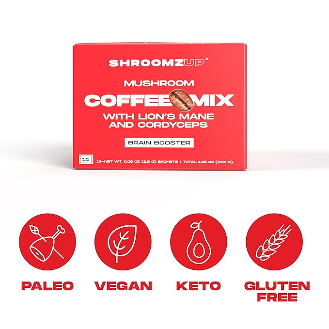 ShroomzUp Vegan Mushroom Coffee, Arabica Instant Coffee Mix With Lions Mane and Cordyceps for Travel, Better Focus, Energy, and Productivity, 15 Packets