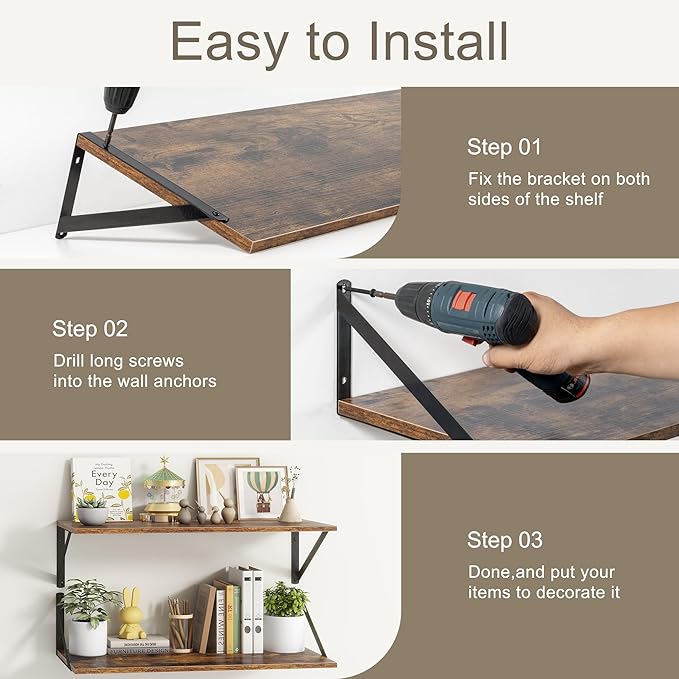 Deep Floating Shelves, 12 Inch Deep Floating Shelves for Wall, 24"W x 12"D Wall Shelves for Books, Large Rustic Wooden Shelf, Wide Display Shelf for Bathroom, Living Room, Rustic Brown, Set of 2
