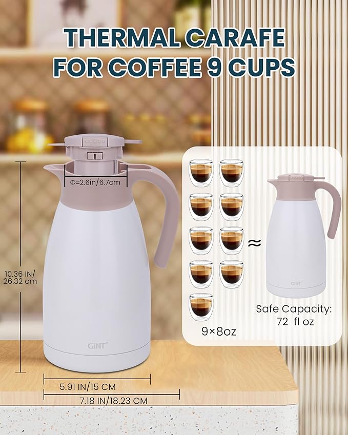 GiNT 2.2L / 74Oz Thermal Coffee Carafe, Insulated Stainless Steel Coffee Carafes for Keeping Hot/Double Walled Vacuum Thermal Carafe (White)