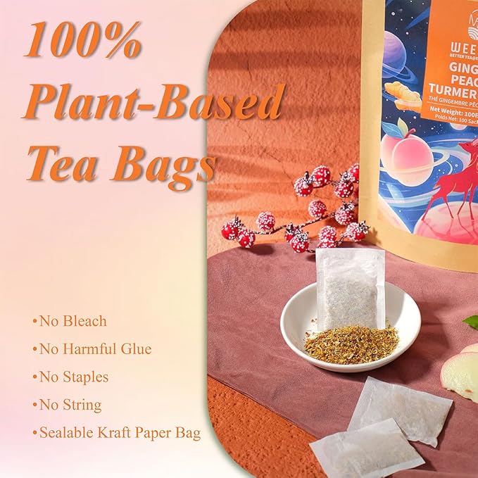 WT WEETEE Ginger Peach Turmeric Tea, 2.5g 100 Count Ginger Turmeric Tea Bags with Cinnamon Hibiscus Rosehip Cardamom Chamomile Hawthorn and More, Natural Caffeine Free Herbal Tea