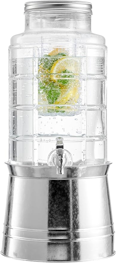 Style Setter Patchwork Beverage Dispenser Cold Drink Dispenser w/ 2.4-Gallon Capacity Glass Jug, Ice Insert, Fruit Infuser, Galvanized Base, Leak Proof Spigot Great for Parties Weddings