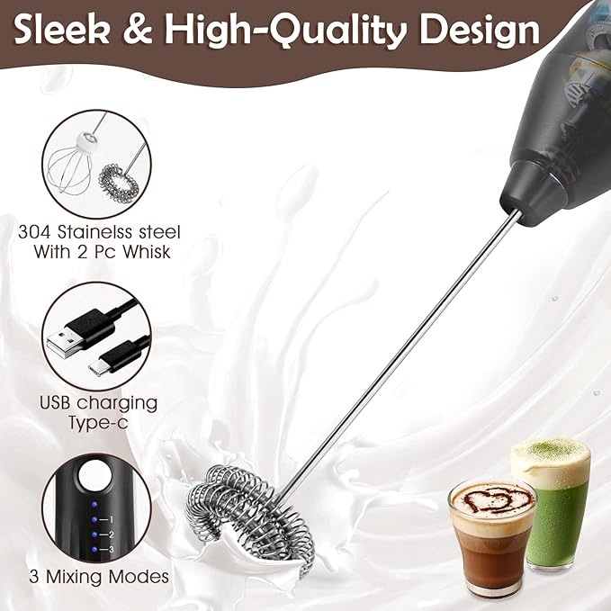 Milk Frother Handheld Rechargeable, Frother Wand Drink Mixer Electric Whisk for Coffee, Detachable With 2 Stainless Whisks, Hand Mixer for Lattes, Matcha, Egg, Gift for Christmas(Black)