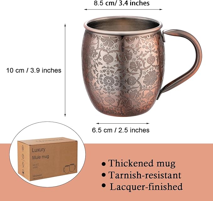 Moscow Mule MugsSet of 2-18 Oz Copper-Plated Fine Craftsmanship Etched Mugs,304 Stainless Steel-Lined Mule Cups,For Cold Drinks, Beer, Wine, Bars, Parties