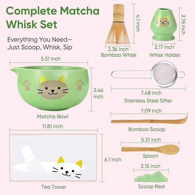 Matcha Whisk Set, 8Pcs Matcha Set for Ceremony, Matcha Whisk and Ceramic Bowl with Matcha Scoop & Sifter and All Accessories for Breakfast, Afternoon Tea, Ideal Gift Christmas, Anniversary