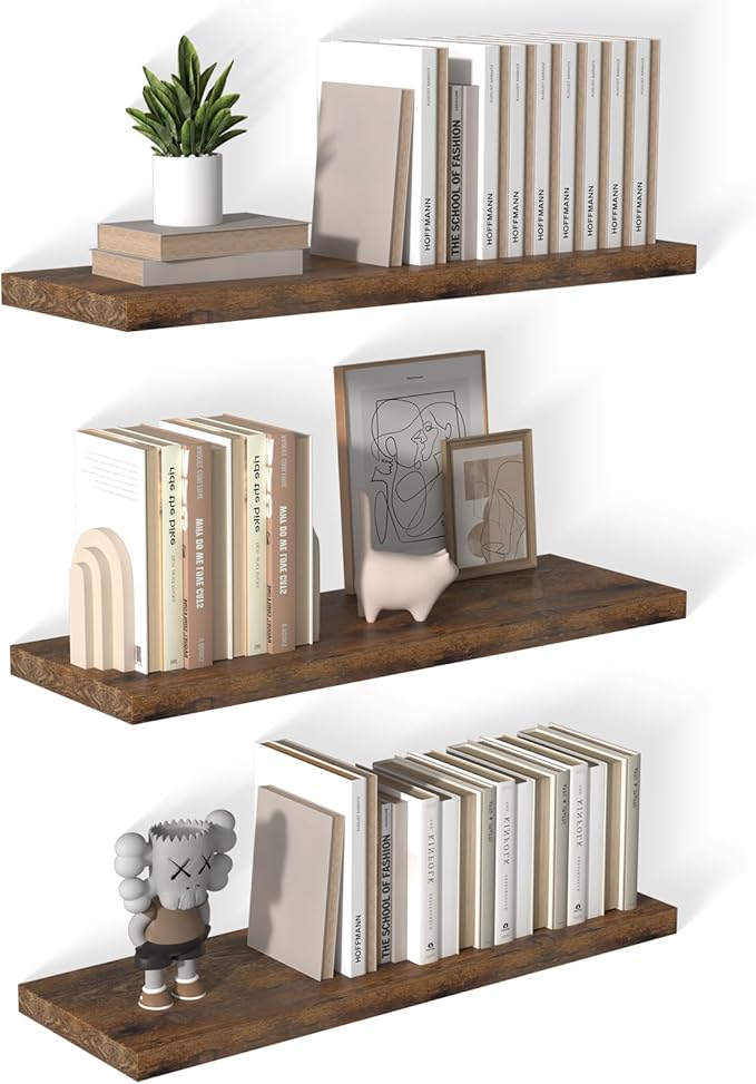 12 Inch Deep Floating Shelves for Wall 3 Pack Floating Shelfs Large Storage Space Wall Decor Display Shelf for Bathroom Living Room Bedroom Kitchen 36" W x 12" D x 1.2" H Rustic Brown