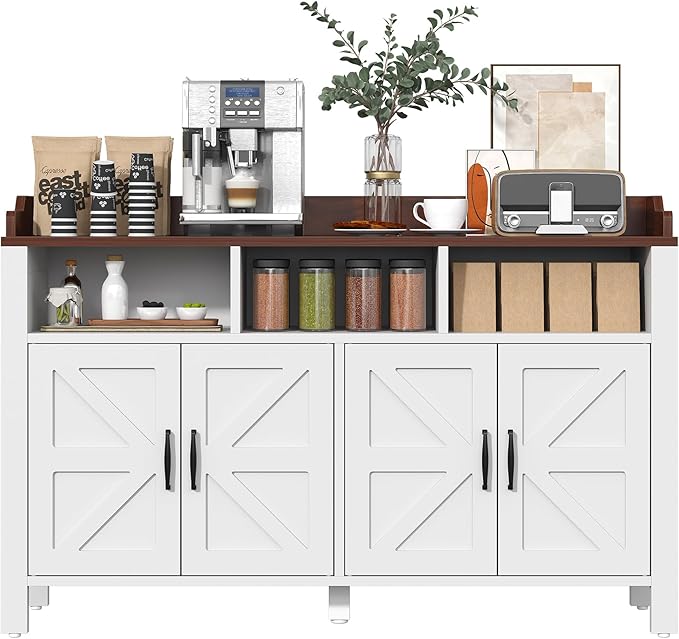 Buffet Cabinet with Storage Farmhouse with 4 Doors and 3 Open Compartments, 55'' Large Kitchen Storage Cabinet White Wood Coffee Bar Buffet Sideboard for Kitchen, Dining Room, Living Room