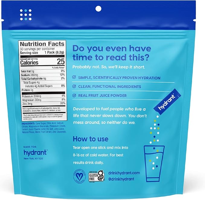 Hydrant Hydrate, Individual Hydration Electrolyte Powder Stick Packets with No Artificial Sweeteners, Colors, or Fillers (Lemon Lime, 30 Pack)