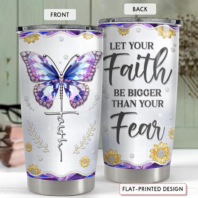 SANDJEST Christian Tumbler 20oz Faith Be Bigger Than Fear Tumblers Cup Coffee Travel Mug Inspirational Religious Gifts for Women Gift for Birthday Christmas