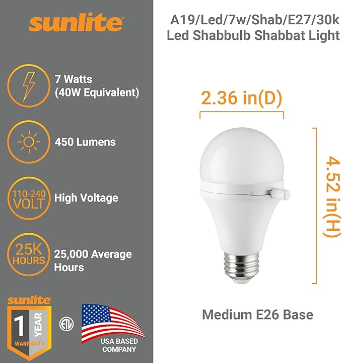 Sunlite ShabBulb, Shabbat Permissible LED Light Bulb, 7 Watt (40 Watt Equivalent) 3000K Warm White, 2 Pack
