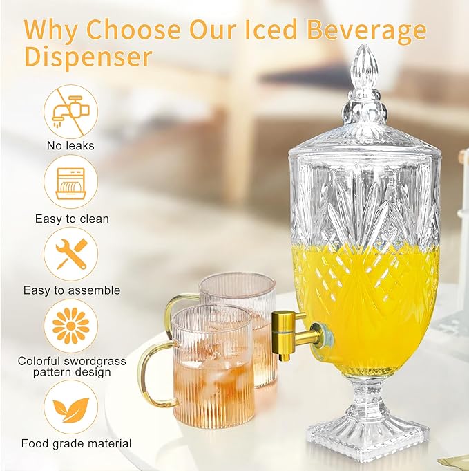 1.3 Gallon Glass Drink Dispenser, Glass Beverage Dispenser with Spigot for Party Bar Wedding, Crystal Collection Jug, Wide Mouth with Lid, Iced Beverage Dispensers (1.3gal colorful)