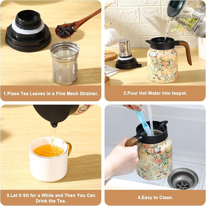 LemonRoad 2 Pcs Vintage Floral Pattern Tea Pot, Vintage Teapot with Infuser, Floral Pattern Tea Pot with Lid, Wooden Handle Thermal Carafe for Hot Drinks Coffee(Green, Pink)